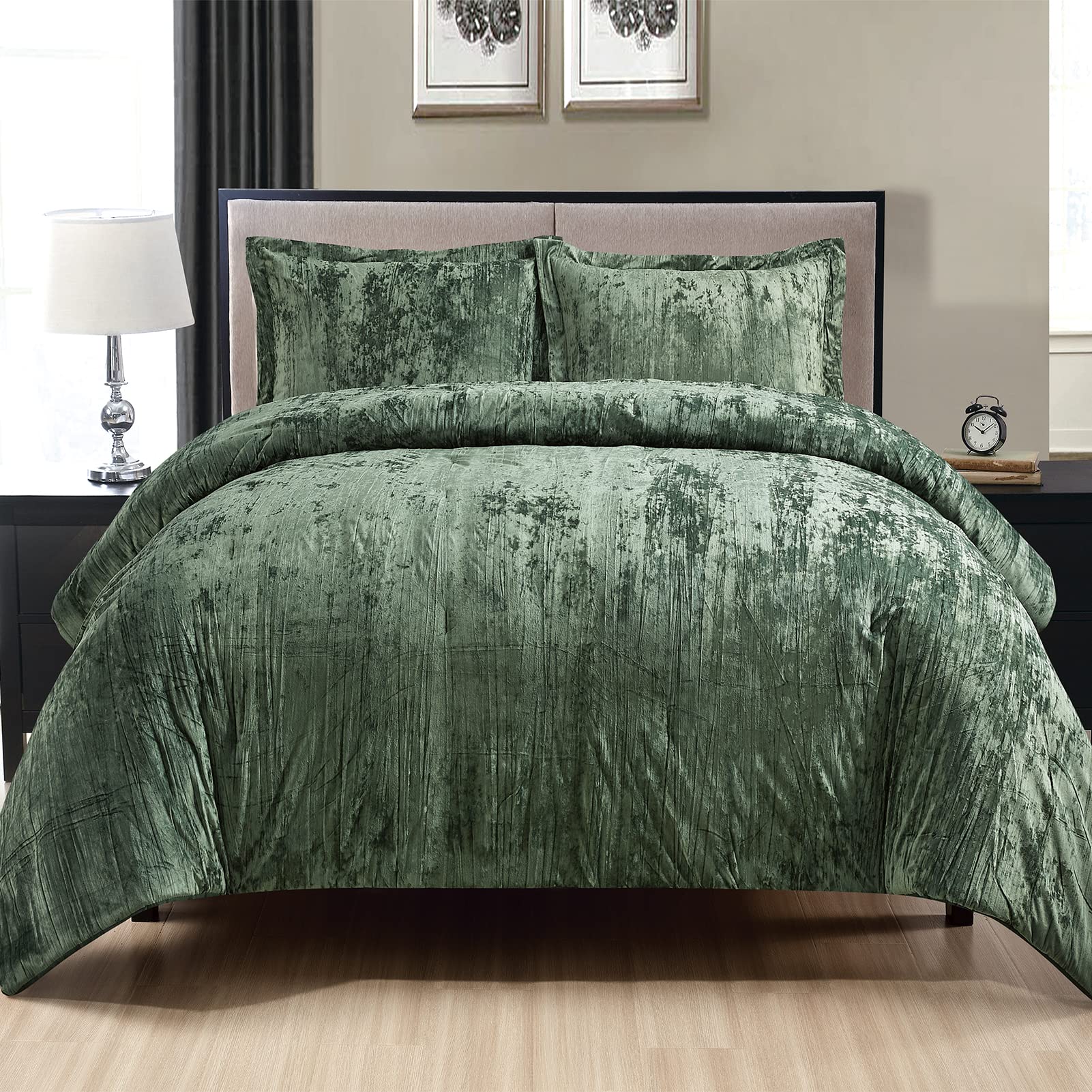 Fredsure Crinkle Velvet Comforter Set, 3 Pieces Blackish Green King, Crinkle Velvet Face And Brushed Microfiber Reverse
